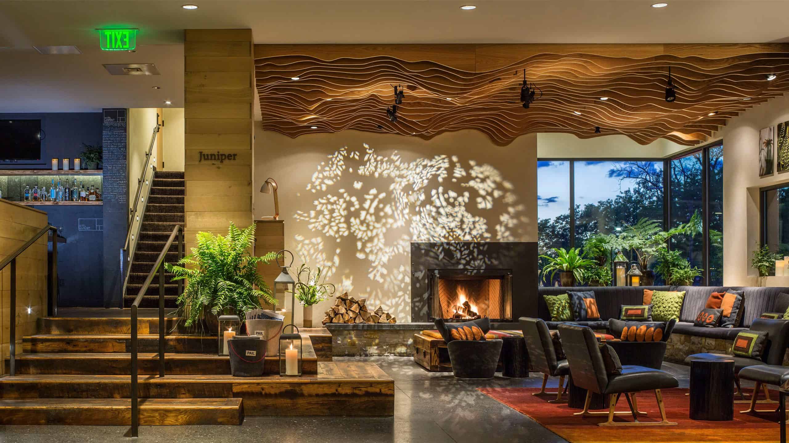 Hotel Vermont - Lobby with Fireplace and Stairs to Juniper