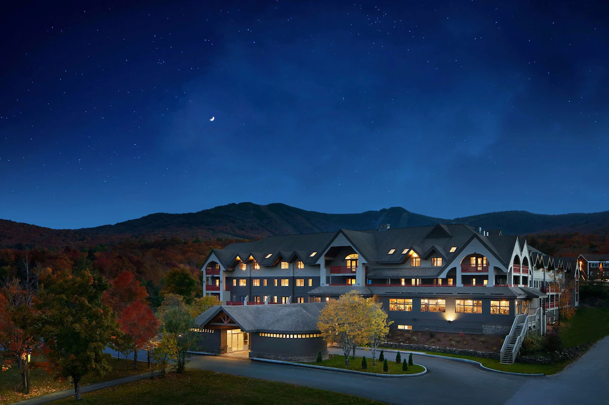 Killington Mountain Lodge - Fall Night Aerial View with Mountains