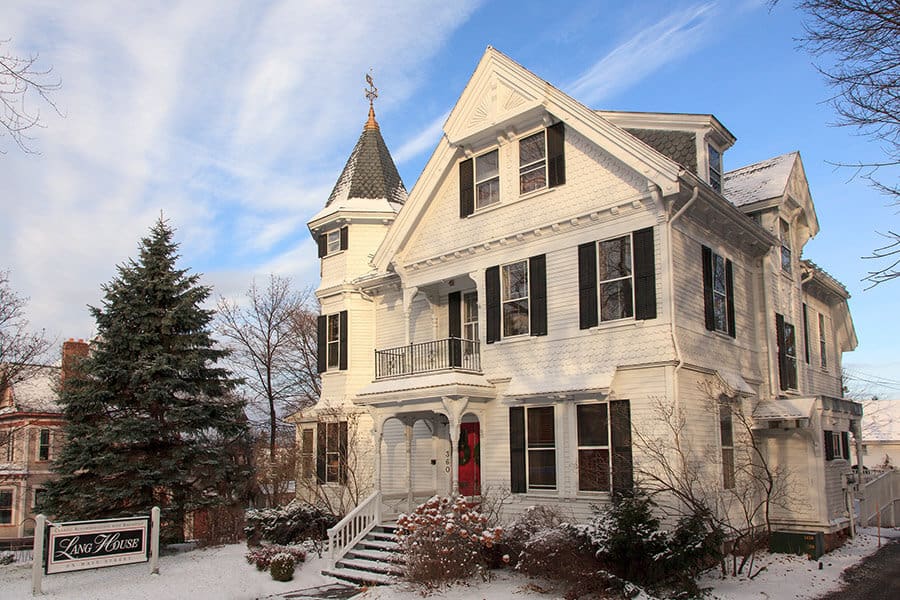 Lang House on Main Street - Winter Exterior Entrance with Sign