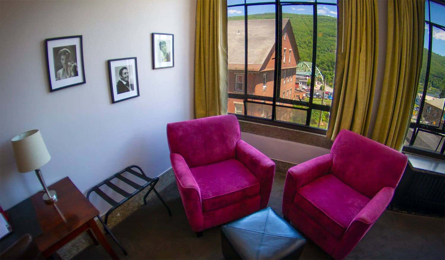 Latchis Hotel Purple Chairs and Green Mountains