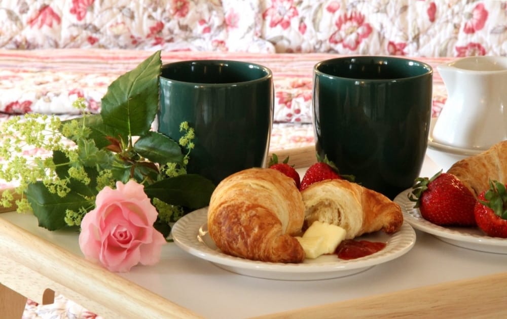 Brass Lantern Inn - Breakfast Tray with Croissant and Coffee Cups