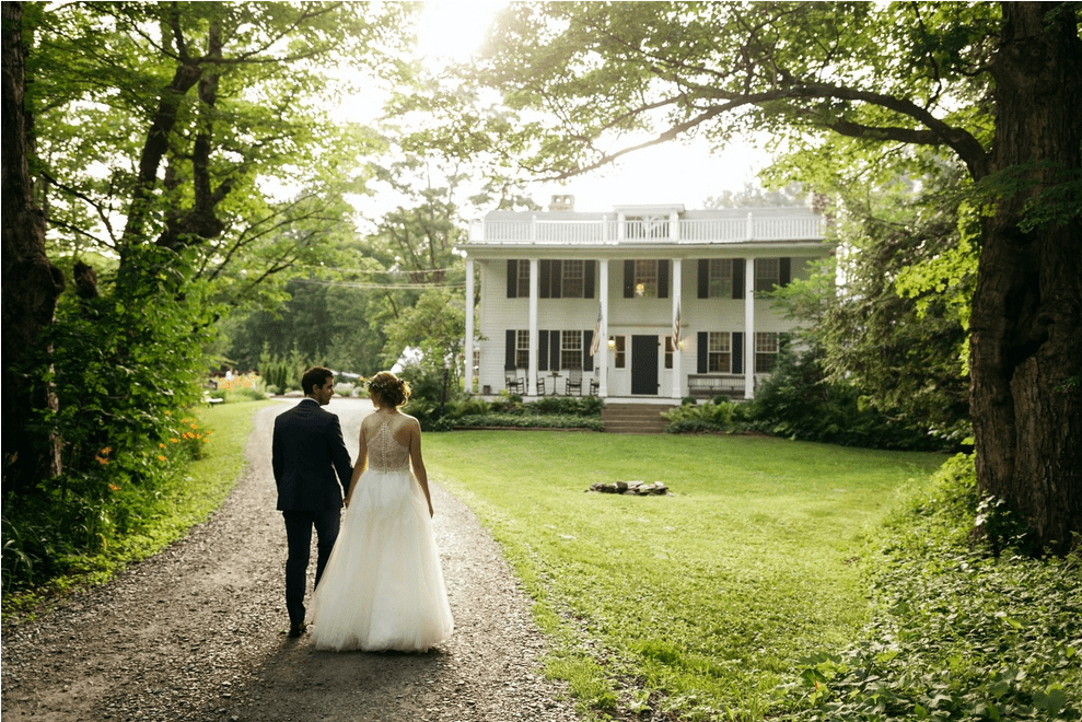 Inn at Weathersfield - Wedding Couple Walking toward the Inn