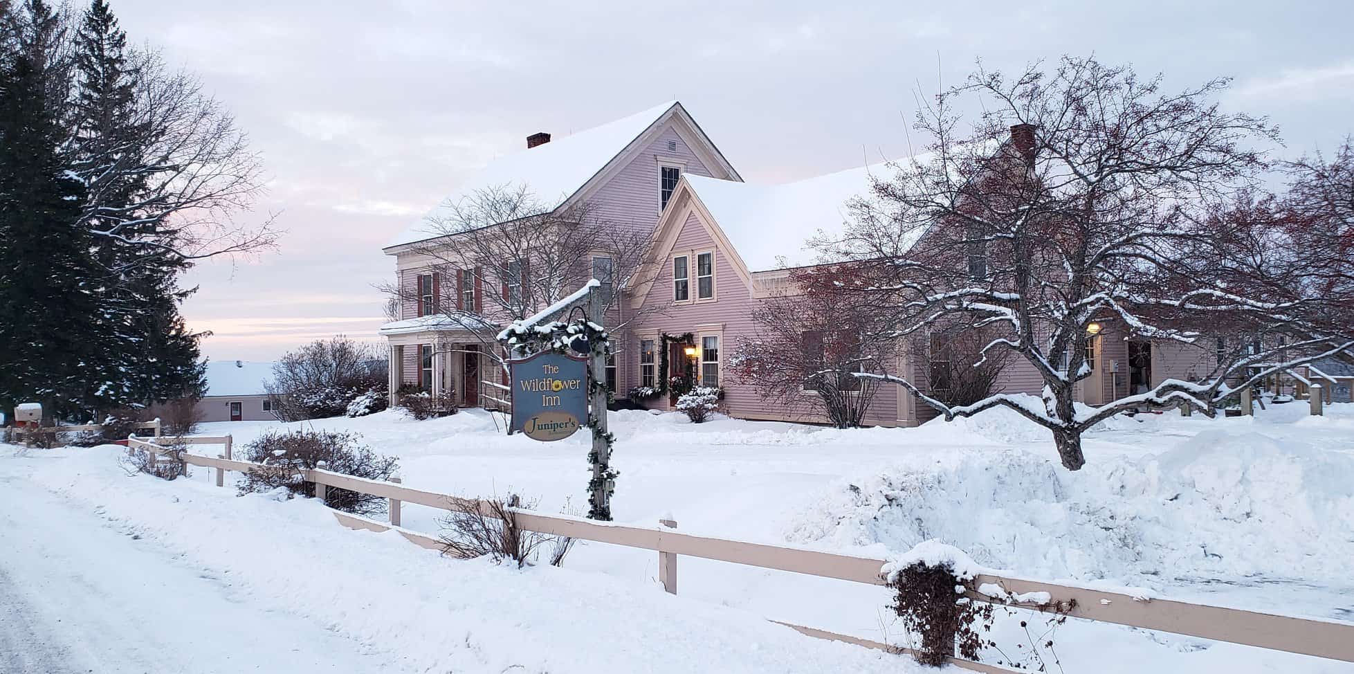 Wildflower Inn - Winter Exterior with Sign