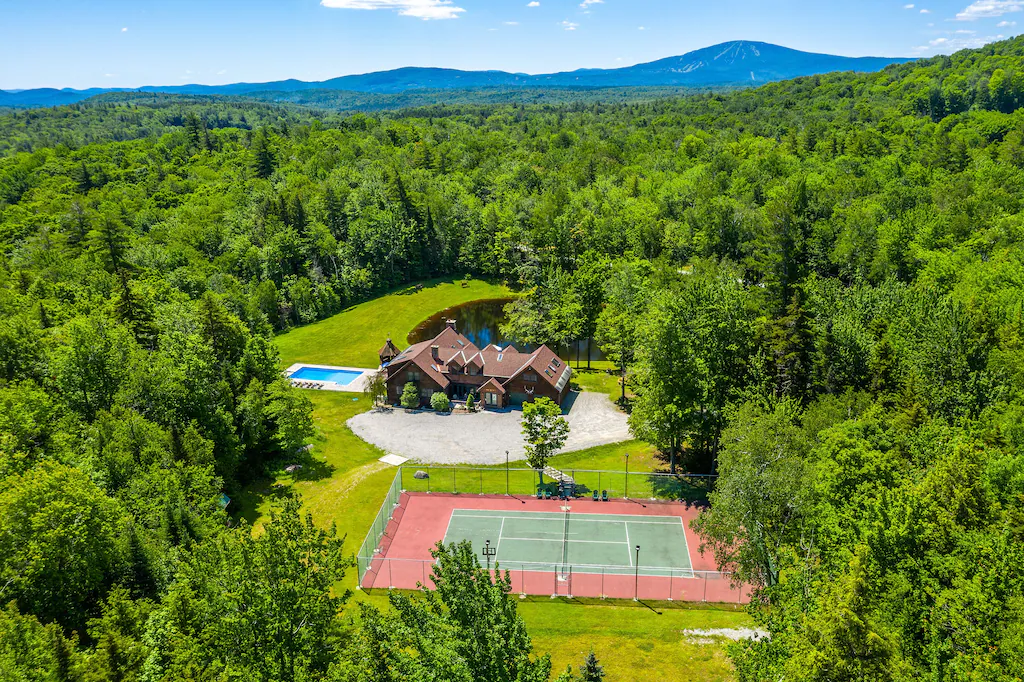 Beautiful Lakeview Log Cabin on 60-Acre Property Arial Stratton View