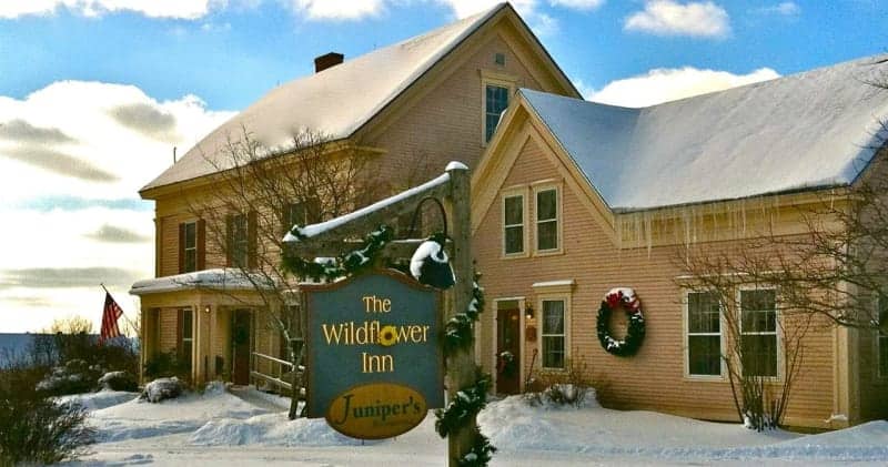 Juniper's at the Wildflower Inn - Winter Exterior with Sign