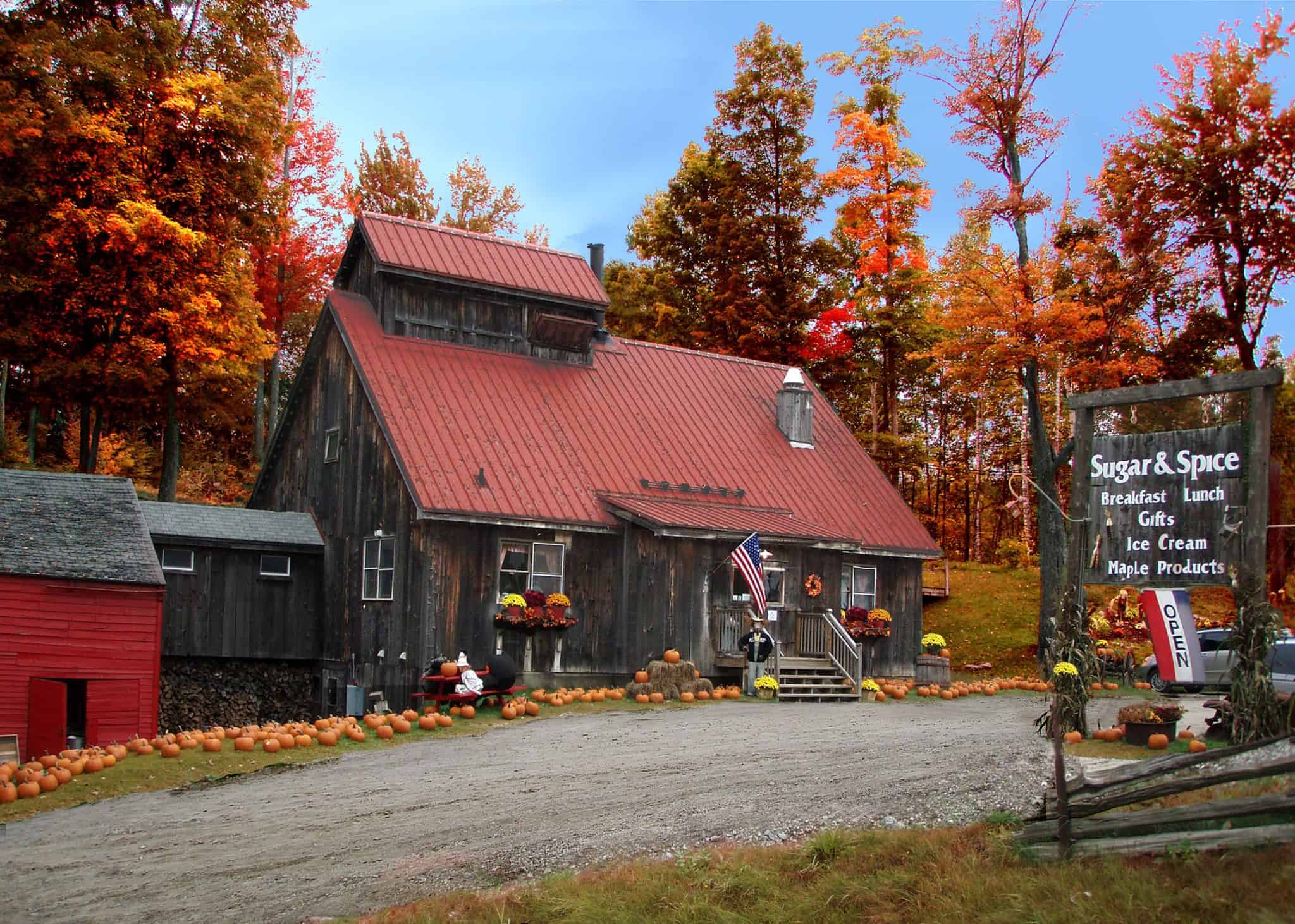 Sugar & Spice of Vermont - Fall Exterior with Sign
