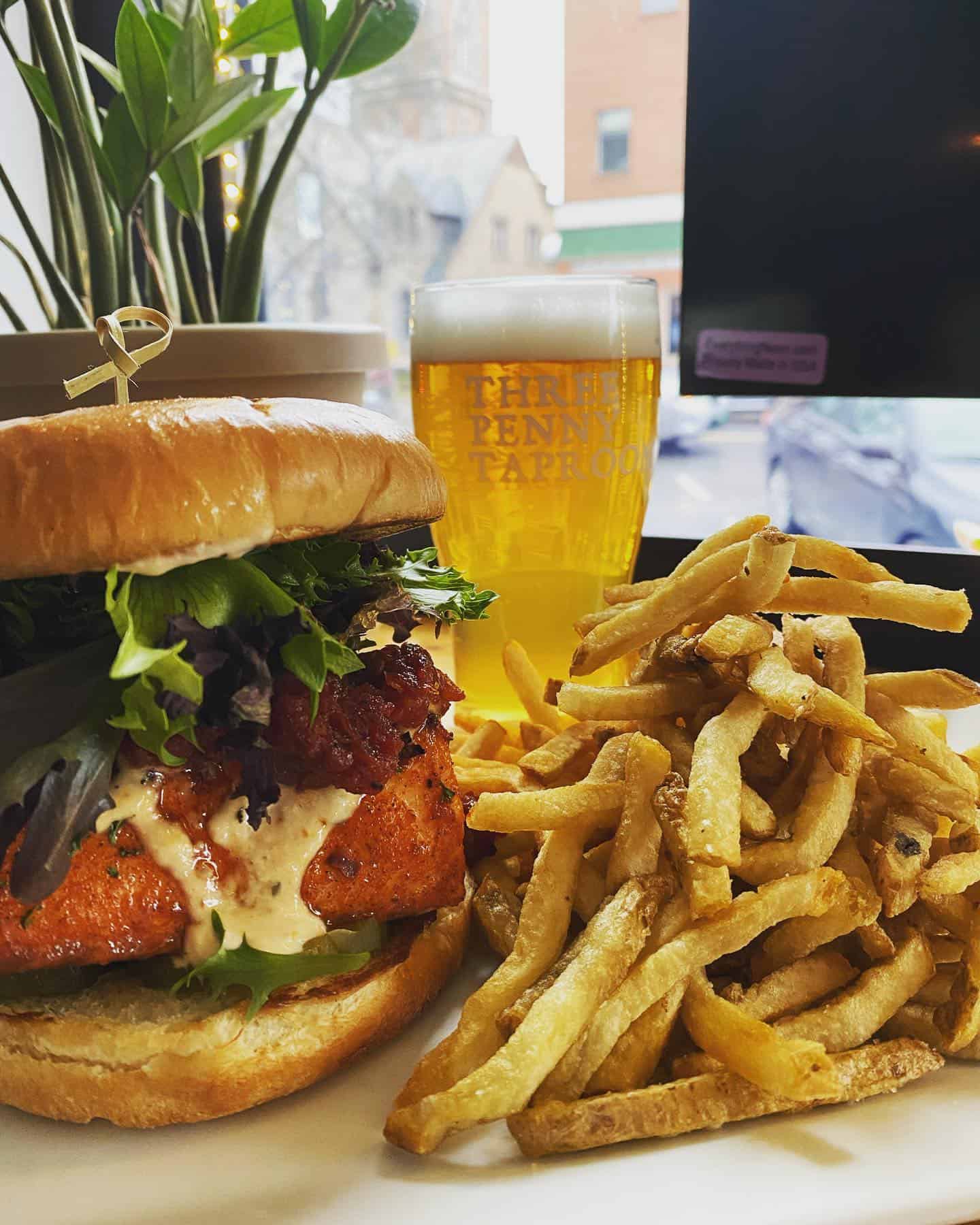 Three Penny Taproom - Blackened Salmon Sandwich with Fries and Beer