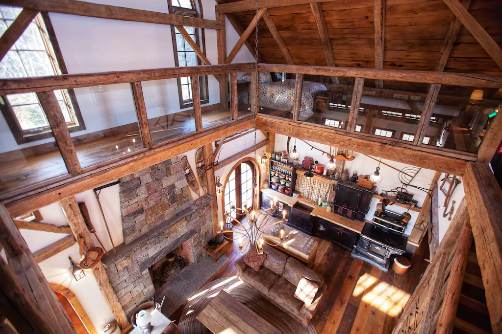 Timber Frame Farm and Silo Loft to Kitchen