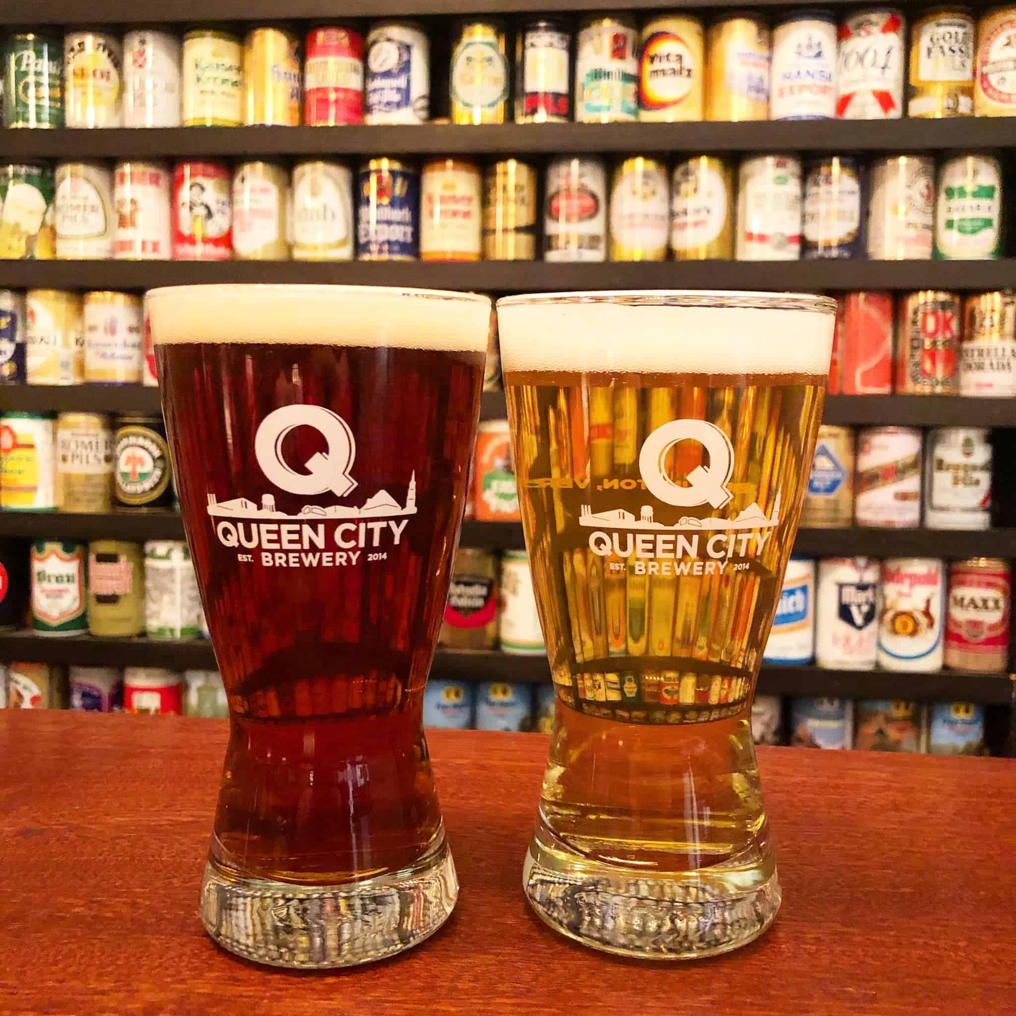 Queen City Brewery - Glasses with Cans in Background